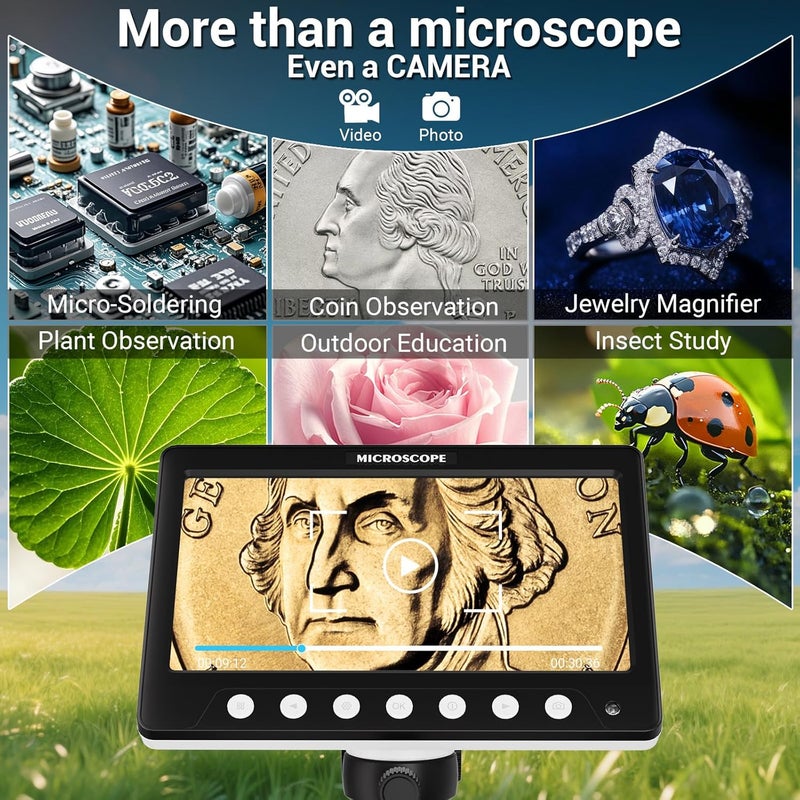 WINWEND Coin Microscope for Error, 7'' LCD Magnifying Glass with Light, 1200X & 1080P Soldering Microscope, 32GB Coin Magnifier with 8 Adjustable LED Lights, Cool Gadgets Microscopes for Coins, Jewelry - Image 2